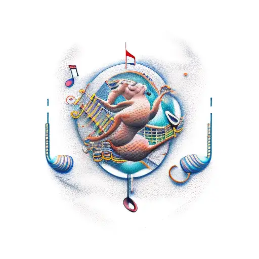 A swimmer diving into a pool of musical notes and pills tattoo design idea