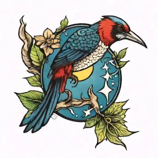 a lizard a hummingbird a cardinal and the moon tattoo design idea