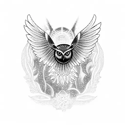 Create a blackwork tattoo design featuring the atack of an owl with open wings intertwined with marketing symbol tattoo design idea