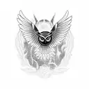 Create a blackwork tattoo design featuring the atack of an owl with open wings intertwined with marketing symbol tattoo design idea