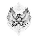 Create a blackwork tattoo design featuring the atack of an owl with open wings intertwined with marketing symbol tattoo design idea