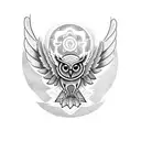 Create a blackwork tattoo design featuring the atack of an owl with open wings intertwined with marketing symbol tattoo design idea