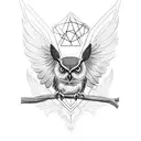 Create a blackwork tattoo design featuring the atack of an owl with open wings intertwined with marketing symbol tattoo design idea