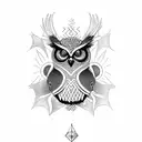 Create a blackwork tattoo design featuring the atack of anowl intertwined with marketing symbol tattoo design idea