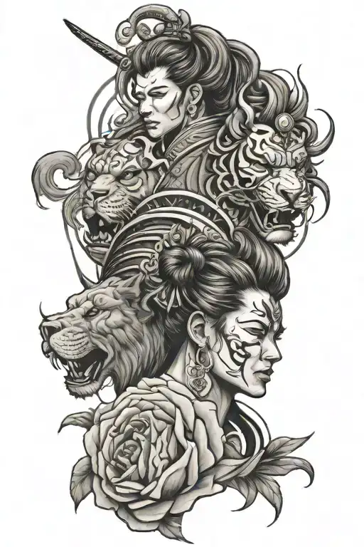 Samurai, rose, two-face women and lion tattoo design idea