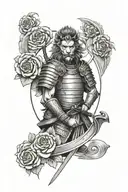 Samurai on top,Lion head at middle, 2 and 7 card, rose on hand  tattoo design idea