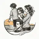 vector dad with a daughter and son at the beach with a sunset on the ocean tattoo design idea