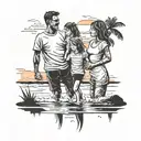 vector dad with a daughter and son at the beach with a sunset on the ocean tattoo design idea