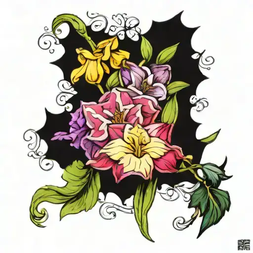 bouquet carnation, daffodil, sweet pea, larkspur, and narcissus flowers tattoo design idea