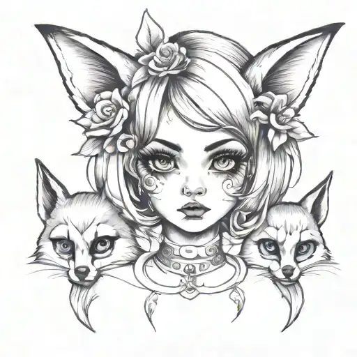 girl with fox ears and big eyes tattoo design idea