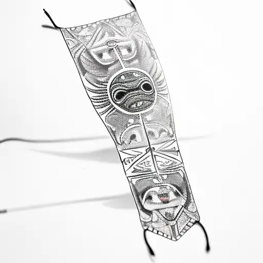 an indigenous mask with a broken headdress with an arrow going through the eye, a full moon in the background behind the tattoo design idea