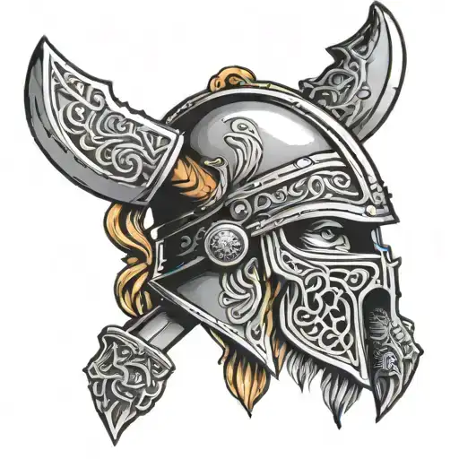 viking sword sheild and helmet woth fenrys above woth mouth open tattoo design idea