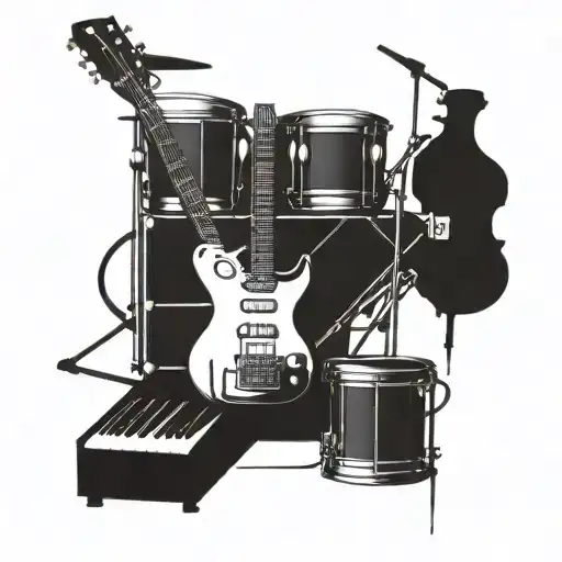 A guitar, a bass, a piano keyboard, and a drum set arranged in a metal music way tattoo design idea