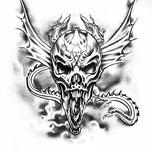 scary skull monster with dragon fire from behind and zombies rusing & worms tattoo design idea