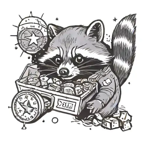 a raccoon eating trash in space tattoo design idea