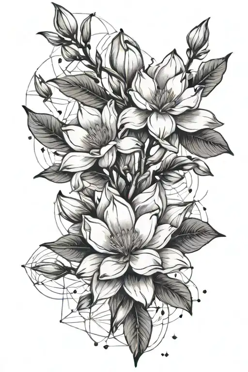 magnolia buds growing from a black band, geometric stars all around it.   tattoo design idea