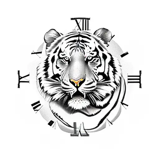 tiger with chess pieces and a clock tattoo design idea