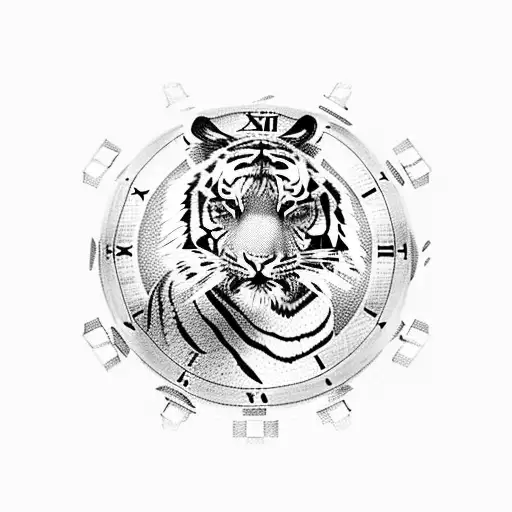 tiger with chess pieces and a clock  tattoo design idea