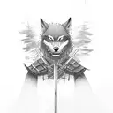 samurai, lone wolf, lost wandering boy in a dark forest combined together tattoo design idea