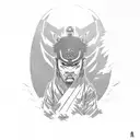 samurai, lone wolf, lost wandering boy in a dark forest combined together tattoo design idea