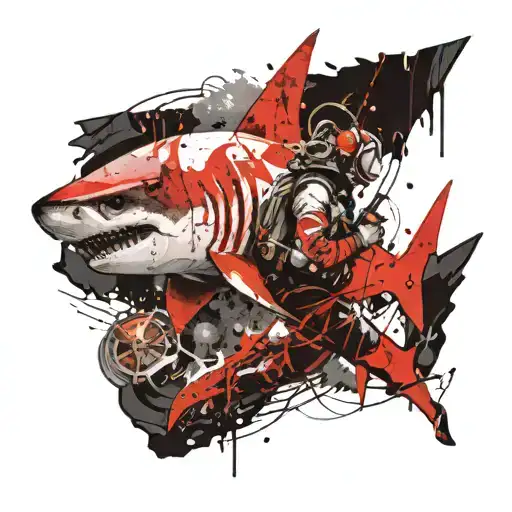 scuba diver with anchor and light with a large shark tooth tattoo design idea