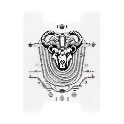 tattoo arm sleeve of aries zodiac cyborg ram with circuit board background and electronic wires dark evil  tattoo design idea