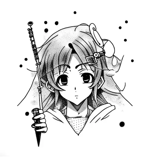 A dotwork tattoo of an anime character wearing stylish shoes and playing a musical instrument tattoo design idea
