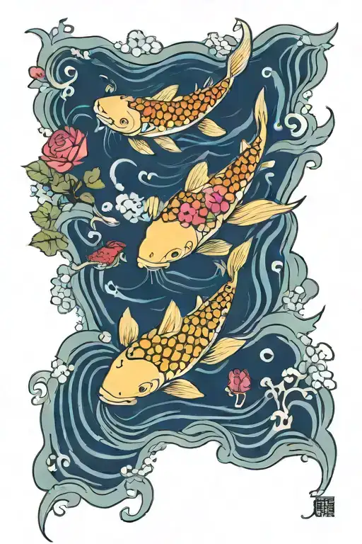 koi, cherry blossoms, lotus flowers in waves with a tiny the beatles yellow submarine, walrus and strawberries tattoo design idea