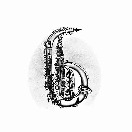 A saxophone with musical notes forming a path leading to a city skyline tattoo design idea