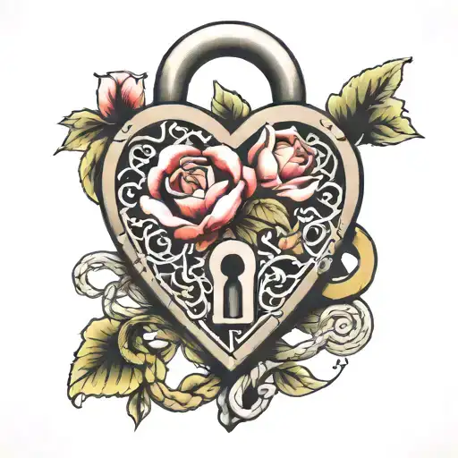 heart shaped lock with flowers intertwined tattoo design idea