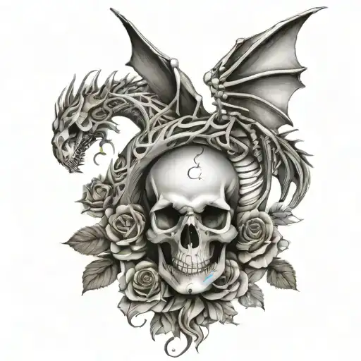skeleton arm going up the spine with flowers and dragons tattoo design idea