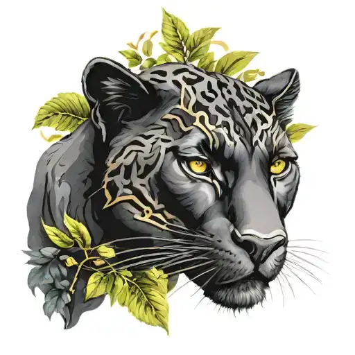 A black and grey portrait of a powerful black panther surrounded by lush greenery and adorned with gold accents, symbolizing the client's pride in their black heritage and connection to nature tattoo design idea