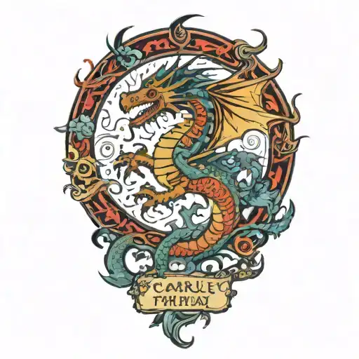 dragon with words scarley frenzy under it tattoo design idea