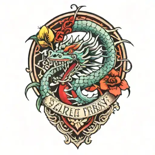 A smallish tattoo with the words Scarlet Frenzy and a Ruby dragon tattoo design idea