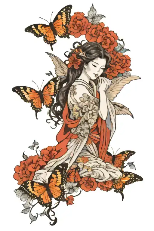 angel and butterflies no color tattoo design idea