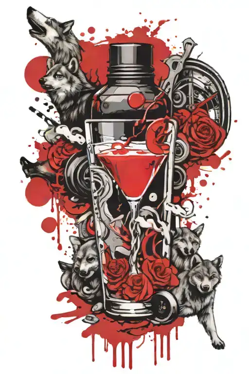 A cocktail shaker pouring into the top a broken hour glass with wolves occupying the bottom of the hour glass  tattoo design idea