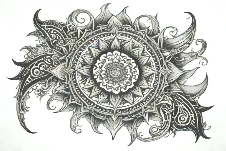 mandala ornamental back piece from mid back to shoulders and up half neck, ominous sun and moon (no faces) tattoo design idea