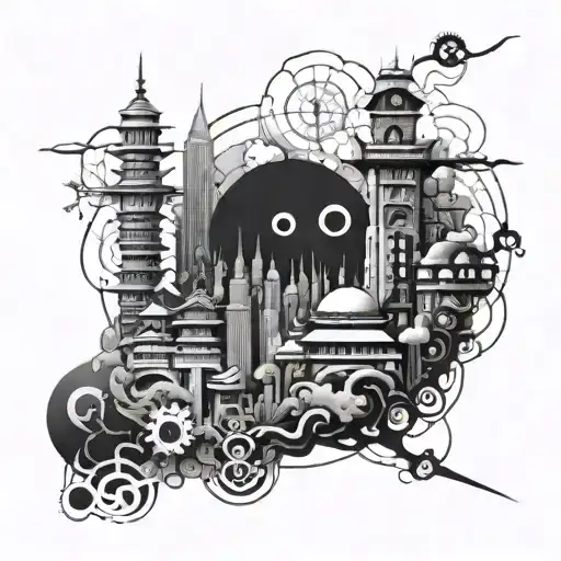 A futuristic cityscape with elements of both anime and space themes, incorporating iconic symbols from Naruto and One Piece, in blackwork style tattoo design idea