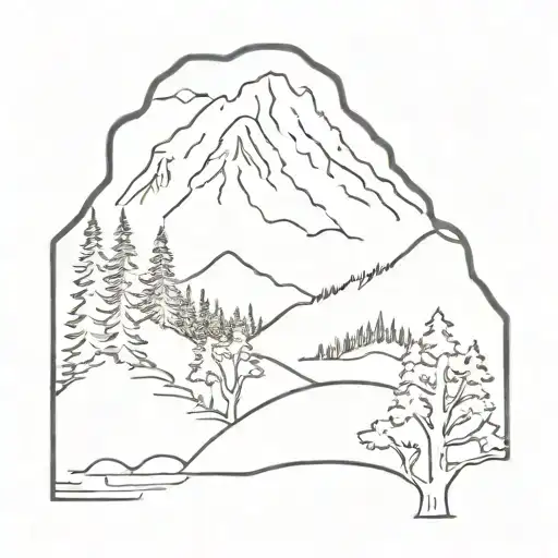 Outline of Washington State shape with mount rainier, trees, and water inside. tattoo design idea