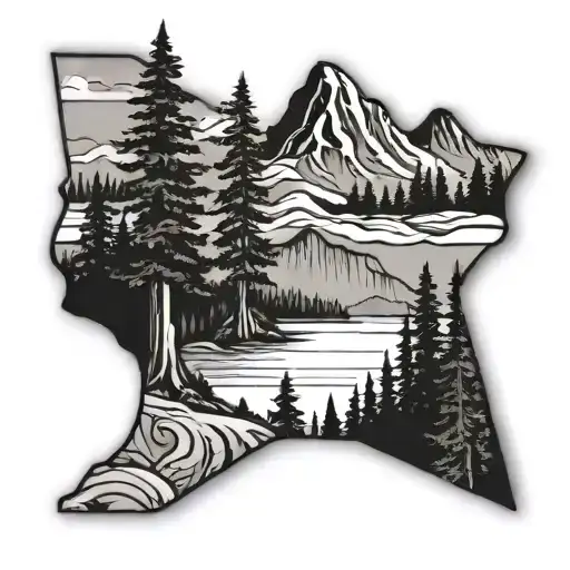 Outline of Washington State shape with mount rainier, trees, and water inside. tattoo design idea