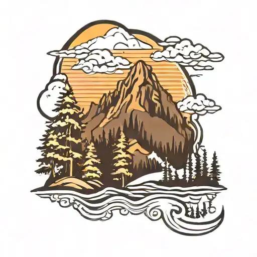 the shape of Washington State outline with mount rainier inside with trees and water tattoo design idea