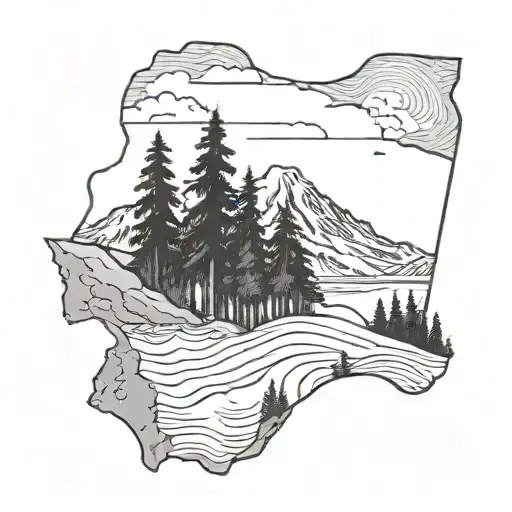 the shape of Washington State outline with mount rainier inside with trees and water tattoo design idea
