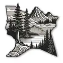 Outline of Washington State shape with mount rainier, trees, and water inside. tattoo design idea