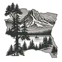 Outline of Washington State shape with mount rainier, trees, and water inside. tattoo design idea