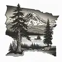 Outline of Washington State shape with mount rainier, trees, and water inside. tattoo design idea