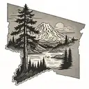 Outline of Washington State shape with mount rainier, trees, and water inside. tattoo design idea