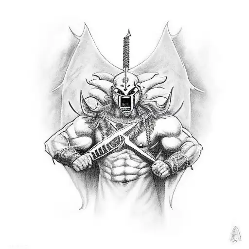 warrior fighting demons. protecting his family behind him. place takes setting in the clouds. tattoo design idea