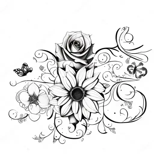 flowers on a vine surrounded by butterflies and paw prints edgy alternative tattoo design idea