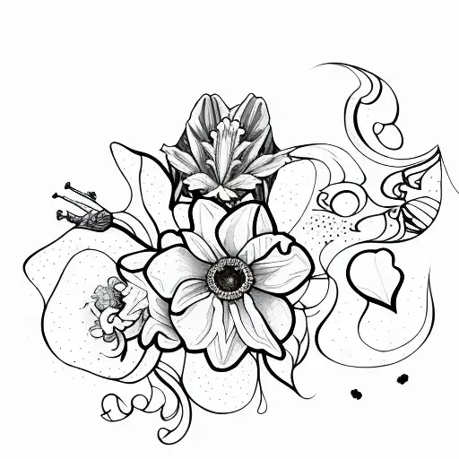daffodils surrounded by butterflies and paw prints edgy alternative tattoo design idea