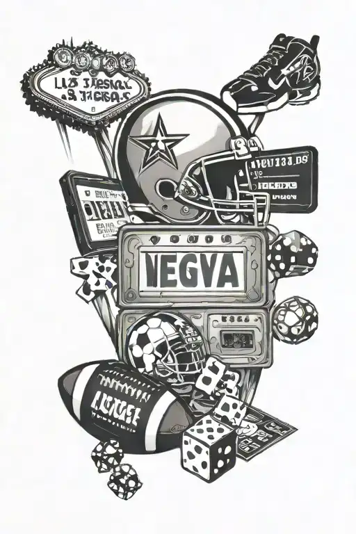 Las Vegas sign, slot machine dice, football helmet, feild goal, god tattoo design idea